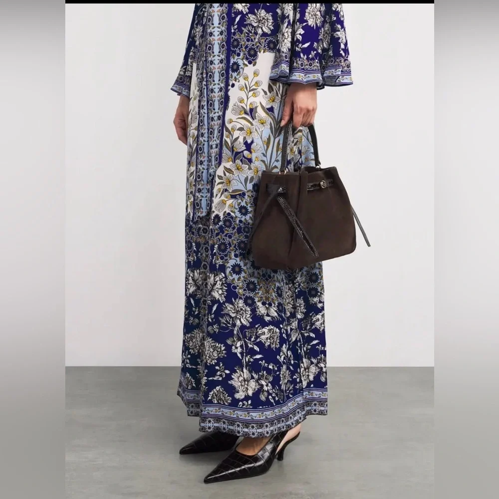 TORY BURCH ROMY SUEDE BUCKET BAG IN DARK COCOA